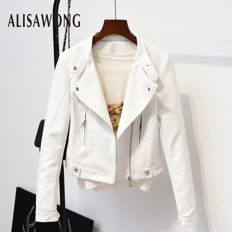 

Spring Autumn Outerwear Women Slim White Faux Leather Jacket Fashion Street Ladies Punk Black Short Coats Biker Moto Jacket 201030