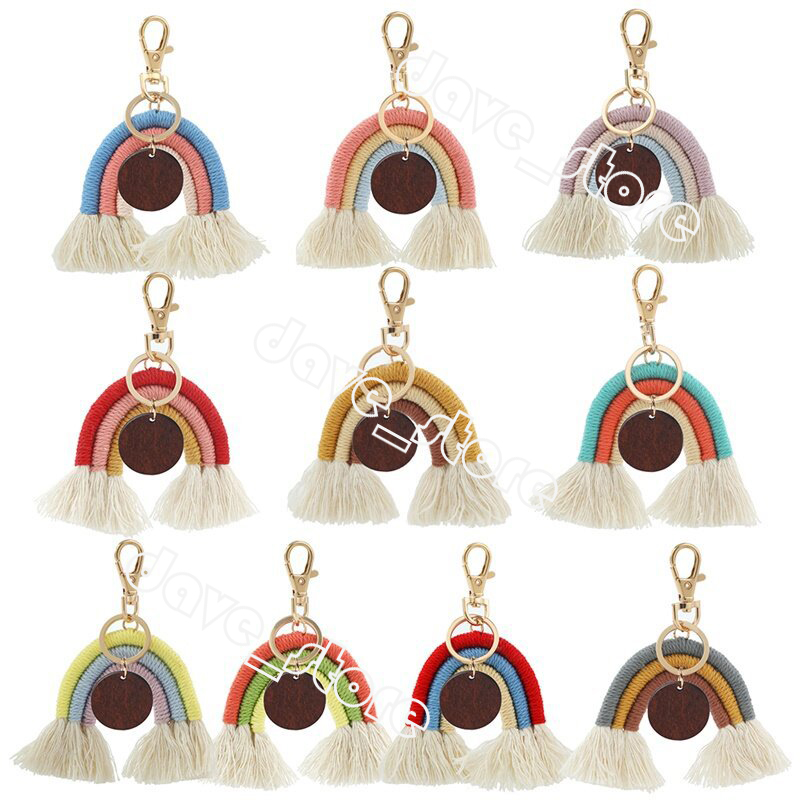 

Bohemian Tassel Keychain Pendant DIY Wood Chip Rainbow Braided Woven Keychain Luggage Decoration Key Chain Keyring Creative Gift