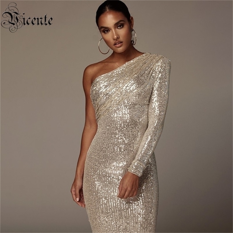 

VC Sexy One Shoulder Dress Sparkle Glitzy Sequins Dress Mesh Patchwork Celebrity Christmas Party Vestidos 220406, Gold