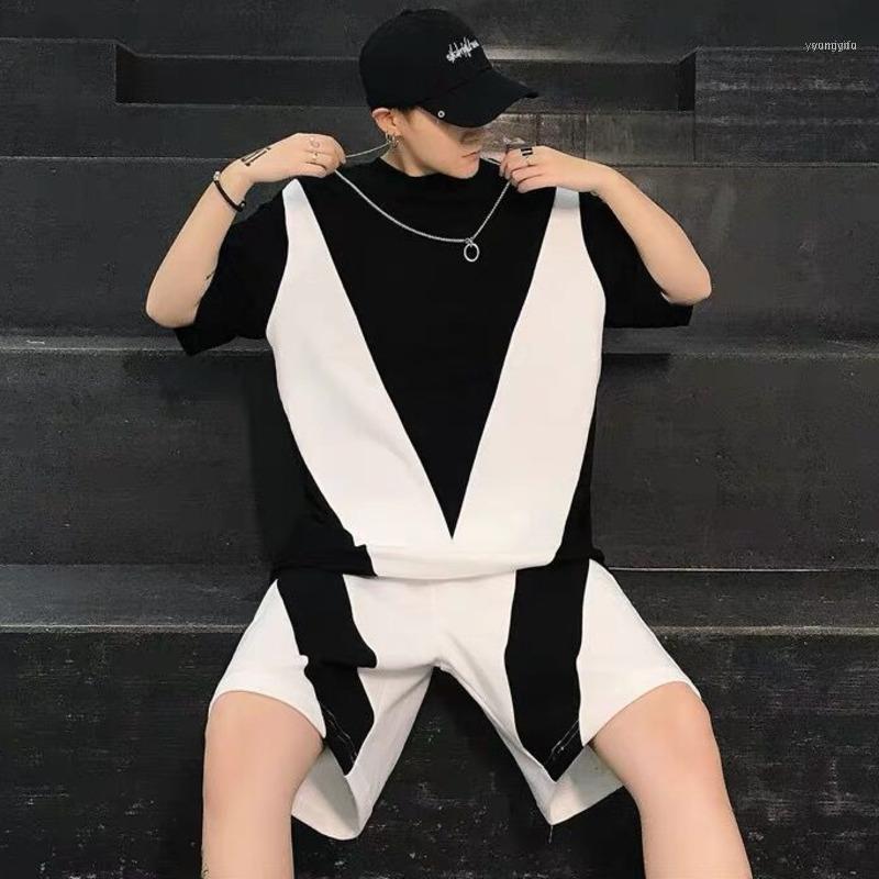 

Men' Tracksuits Summer Color Matching Casual Sports Suit Fashion Brand Loose Short Sleeve T-shirt Shorts Two Piece Set Hip-hop Couple, Pants one piece
