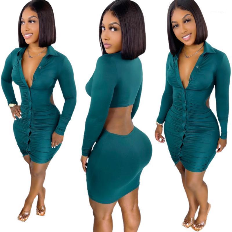 

Casual Dresses Sexy Elegant Women Mini Dress Long Sleeve Hollow Out Robe Female Party Club Vestidos Pleated Skinny Shirt