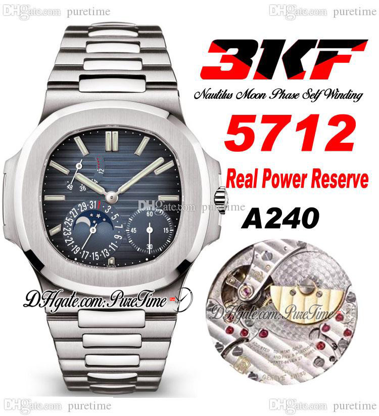 

3KF 5712 Real Power Reserve Cal.324SC A324 Automatic Mens Watch Moon Phase Blue Textured Dial Stainless Steel Bracelet Super Edition Puretime A1, Customized waterproof service