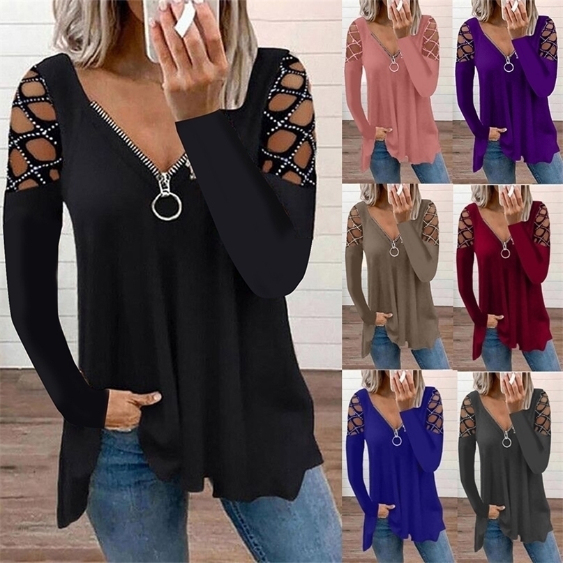 

Autumn Winter Drilling Zipper V Neck Long Sleeve T Shirt Women Sexy Casual Loose Fashion Hollow Out Solid Top 5XL 220402, Black