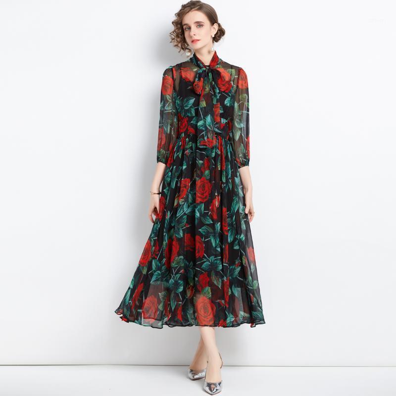 

Casual Dresses Bohemia Rose Flower Print Vacation Chiffon Women Runway Spring Bow Collar Fashion Lantern Sleeve Midi Party Dress, Picture color