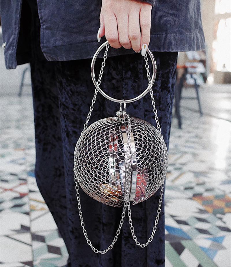 

Evening Bags Hollow Metal Ball Net Cages Handbags Circular Hard Case Shoulder Small Crossbody Bag Wedding Party Purse, Gold