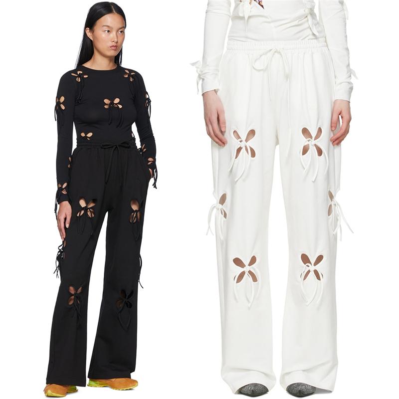 

Women' Pants & Capris Amoi Pure Cotton Flower Bow Hollow Elastic Waist Tie Casual Women' Fashion High Street Solid Color Straight Trou, Black