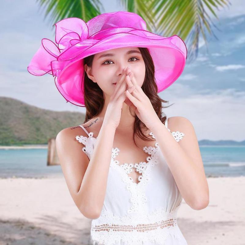 

Visors Elegant Women Cap Wide Brim Bow Foldable Adjustable UV Protection Anti Sun Flat Top Hat For Beach VacationVisors VisorsVisors, Grey