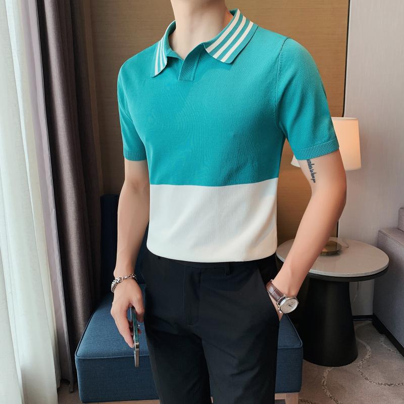 

Men's Polos Shirt Men's Short Sleeve Summer High-end Color Blocked Knitted T-shirt Business Casual High Sense Half BritishMen's Men'sMen, Blue