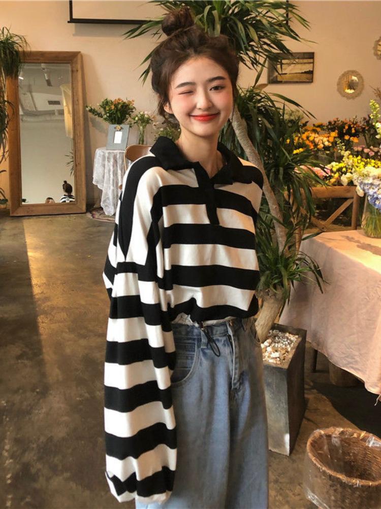

Women's Hoodies & Sweatshirts Deeptown Black White Striped Women Harajuku Vintage Oversized Casual Long Sleeve Loose Crop Tops KoreanWomen's
