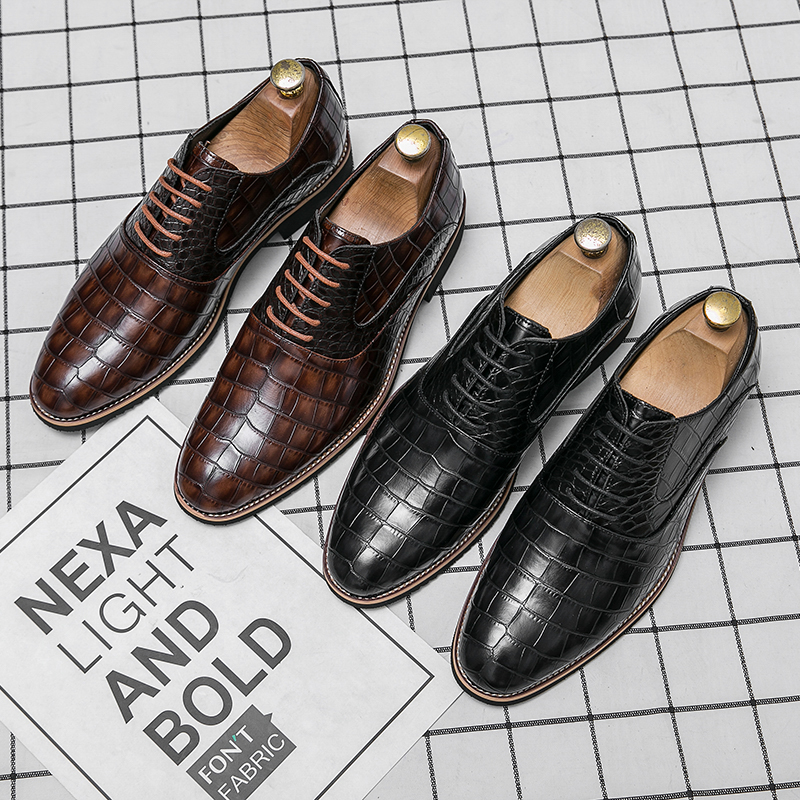 

Classic High Quality Oxford Shoes Men PU Leather Low Heel Solid Color Fashion British Casual Crocodile Pattern Lace-Up Business Gentlemen Shoes HM384, Clear
