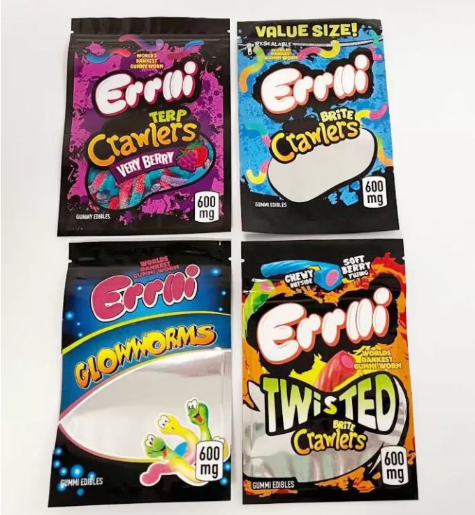 

420 Errlli edibles packaging mylar bags for gummi brite crawlers Package Bag terp Very berry Twist clow worms gum wonk ank edible myla packa