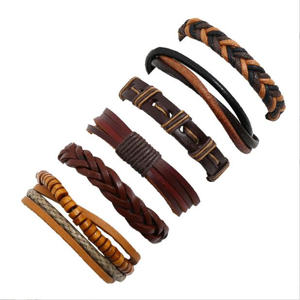 

Wooden beads Series Men woman cowhide Bracelet DIY Beaded Strands black brown Multiple shares Braid Combination suit Bracelet 6styles/1set