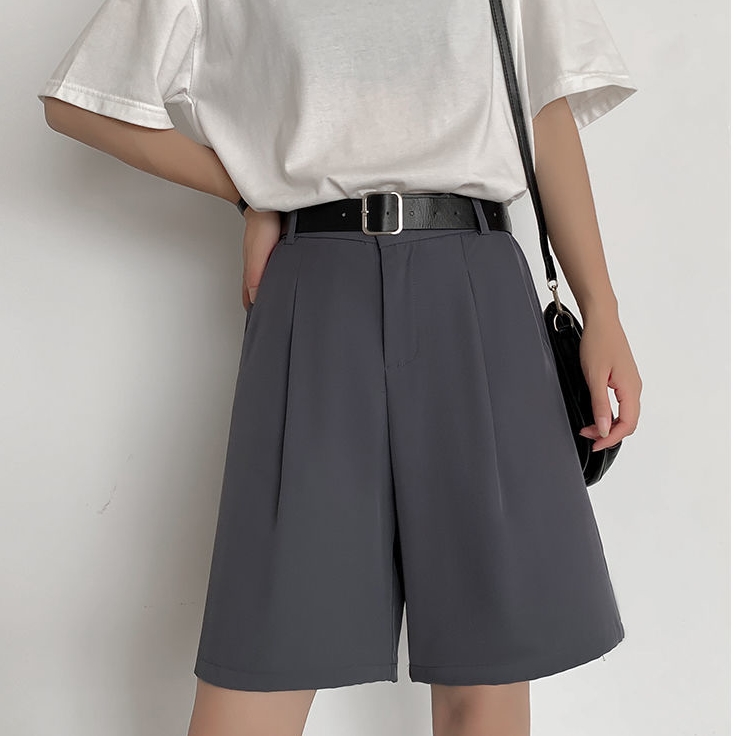 

Women Wide Leg Shorts High Waist Black Loose Korean Style Vintage Female Knee Length Suit Shorts, Gray