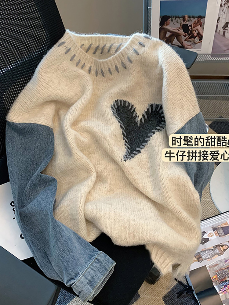 

2022 Autumn Winter New Design Women Sweaters Long Sleeve Denim Stitching Knit Pullover Japanese Sweet Jumpers, Picture color