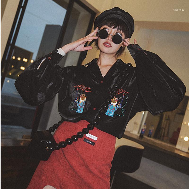 

Blouse Shirts Women's Lantern Sleeve Vintage Retro Embroidery Shirt Ladies Shinny Casual Loose Oversize Blouses Female NS635 &, Black