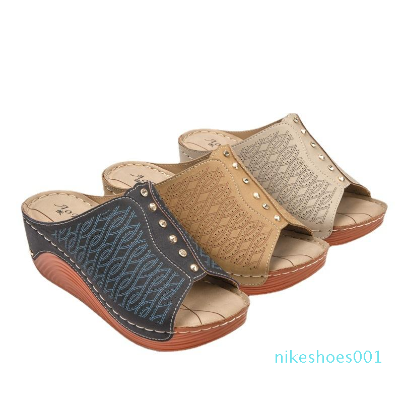 

Slippers Platform Flat Shoes Comfortable Casual Fashion Sandals Female Summer Fish Mouth Hollow Out Metal Decoration Hy44 az1