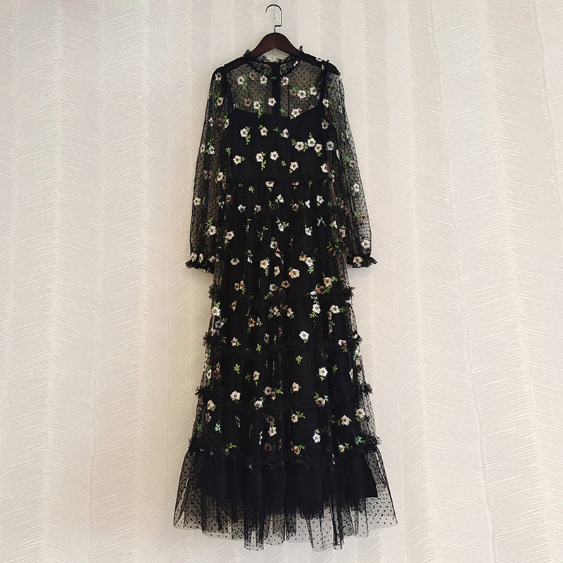 

Women Long Maxi Embroidery Dress 3D Flower Embroidery Mesh Ruffles Party Ball Gown, Black