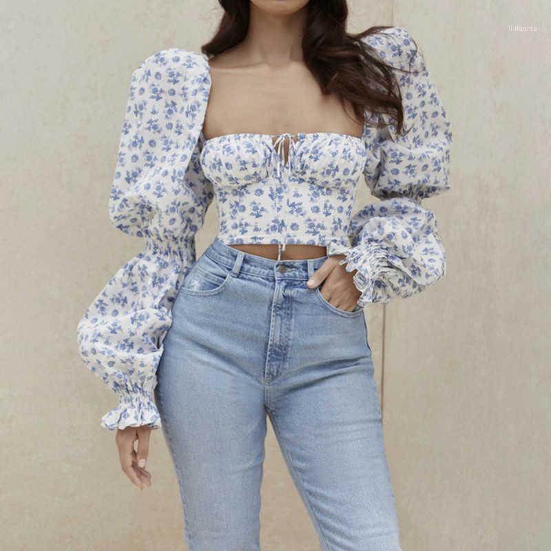 

Women' Blouses & Shirts Elegant Women Floral Puff Sleeve Blouse Fashion Long Square Collar Lace-up Crop Tops Chic Lady Flowes Slim Fit, Blue