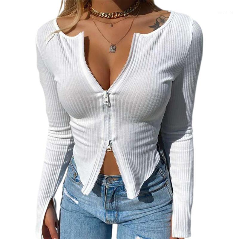 

Women Front Zipper Ribbed Crop Top Zip Long Sleeve Tight Knitwear Shirts Tops (Black / White) Women' Blouses