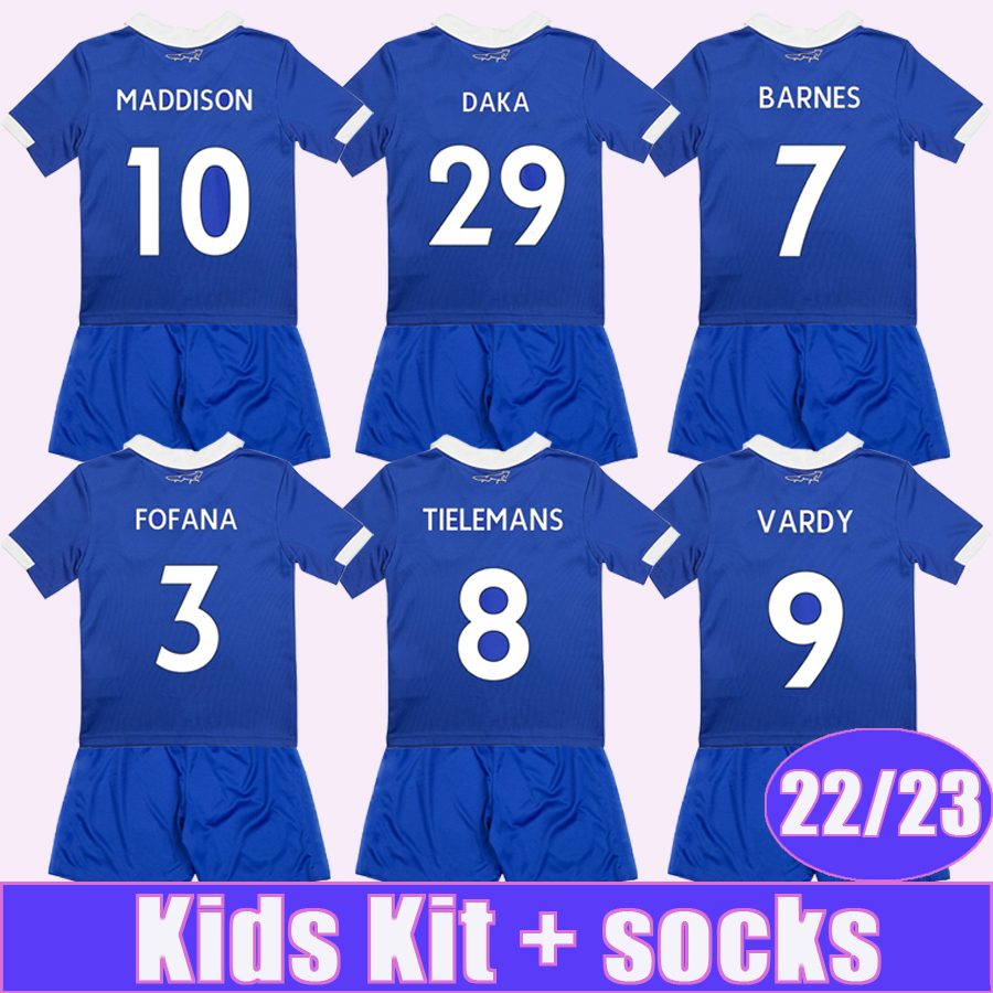 

22 23 TIELEMANS VARDY MADDISON Kids Kit Soccer Jerseys FOFANA SOYUNCU DAKA BARNES ALBRIGHTON Home Football Shirt, Tz11036 22 23 home no socks