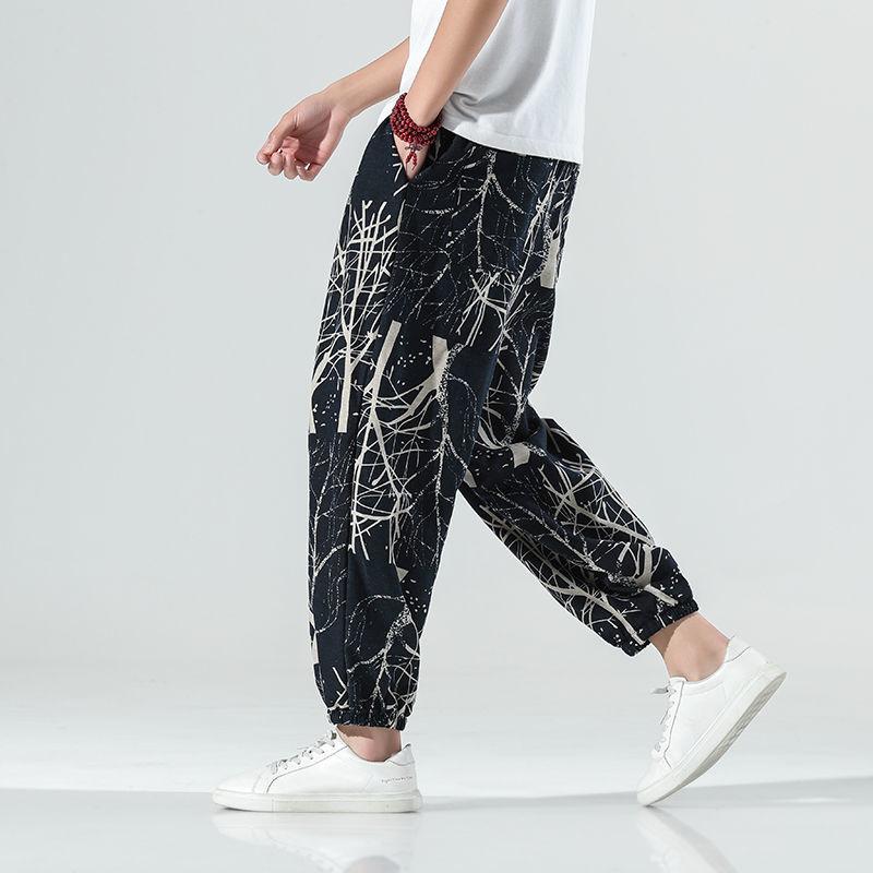 

Men's Pants MRGB 2022 Summer Men Chinese Style Print Harem Trend Fashion Oversized Casual Cotton Trousers Loose Man, Black