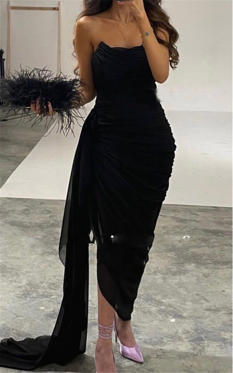 

Simple Black Pleats Chiffon Prom Dresses Strapless Asymmetric Ankle Length Evening Party Gowns Lady Formal, Hunter