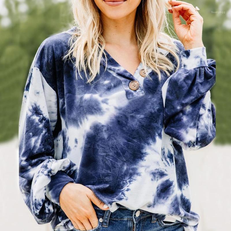 

Women Fashion Buttons V Neck Long Sleeve Tie Dye Sweatshirt Blouse Pullover Shirts Top Women' Hoodies & Sweatshirts, Blue