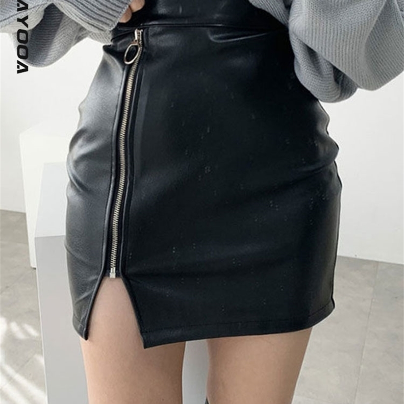 

Genayooa Skirt High Waist Pu Leather Casual Mini Skirt Female Fashion Black Zipper Punk Slim 220322