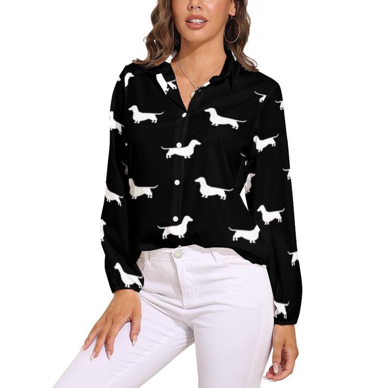 

Women' Blouses & Shirts Wiener Dog Print Blouse Dachshund Silhouette Retro Graphic Women Casual Shirt Summer Long-Sleeve Oversized ClothesW, Style-12