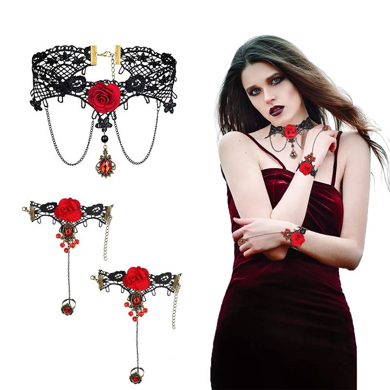

Pendant Necklaces 3 Piece Set Vintage Red Collar Bracelet Bead Chain Gothic Vampire Jewelry Girl Princess Lolita Party Beach BarPendant