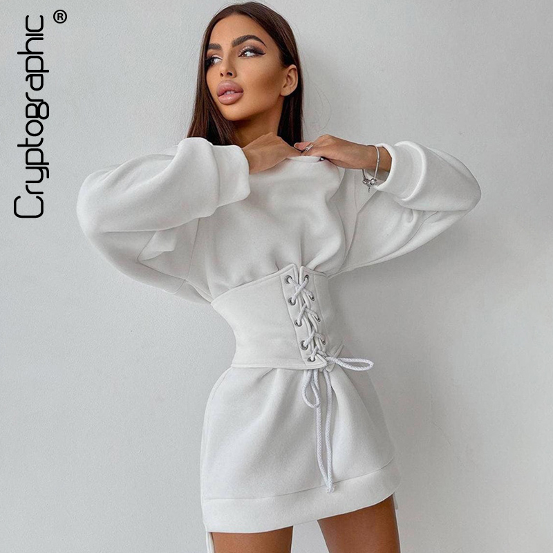 

Casual Lace Up Corset Belt Mini Dress Women Outfits Solid Sweatshirt Dresses 2 Piece Sets Autumn 2021 Clothes, Black