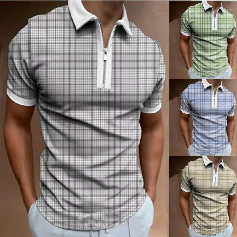 

Men' Polos Shirt Zipper Checkered Color Matching Men' T-shirt TopMen, Gray