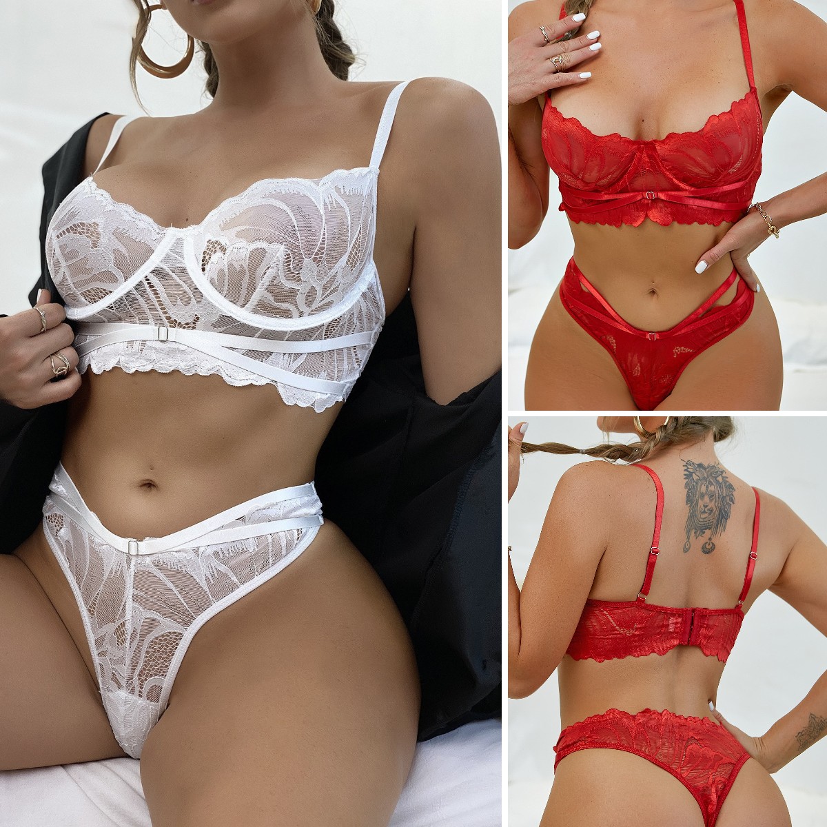 

In Stock Women's Sexy Underwear Sets Sleepwear Lace White & Red Bra G String And Thongs Lingerie T-pants +bra Lingerie Two Pieces Suit