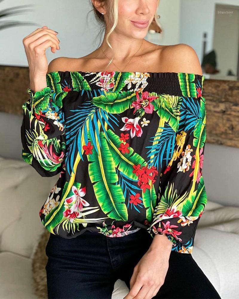 

Women' Blouses & Shirts Off Shoulder Blouse Floral Print Shirred, Green