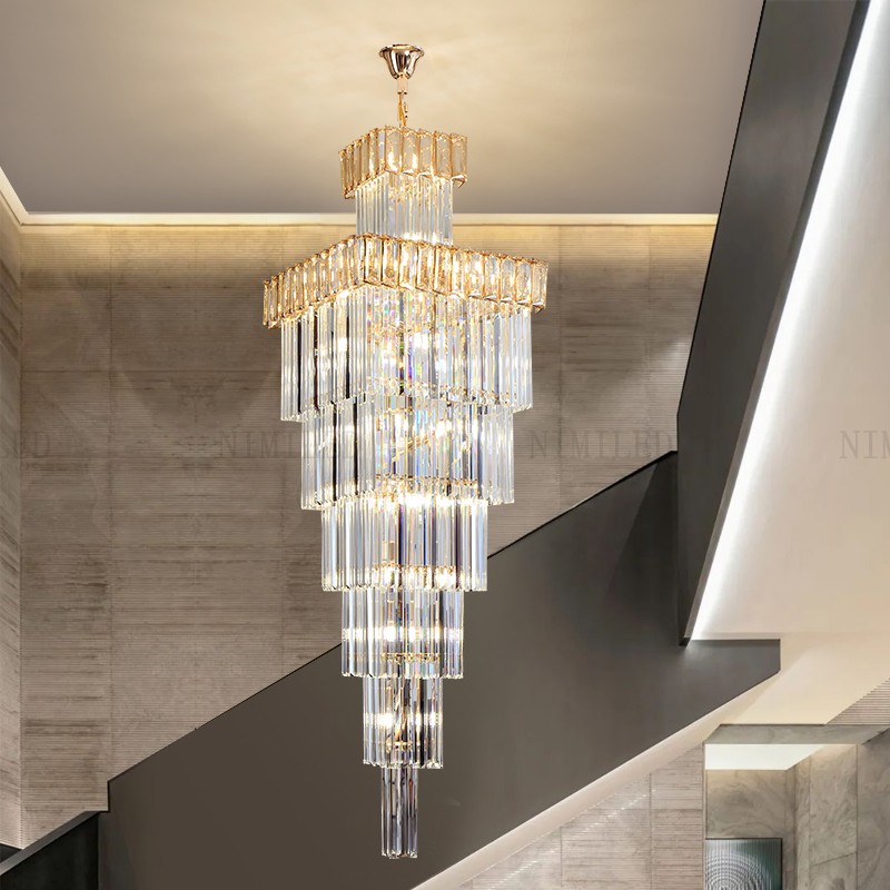 

High Chandeliers Ceiling Luxury Gold Clear Smoky Gray Crystal Long Chain Lobby Villa Staircase Corridor Large Chandeliers Pendant Lamps Mall Lights Decorative