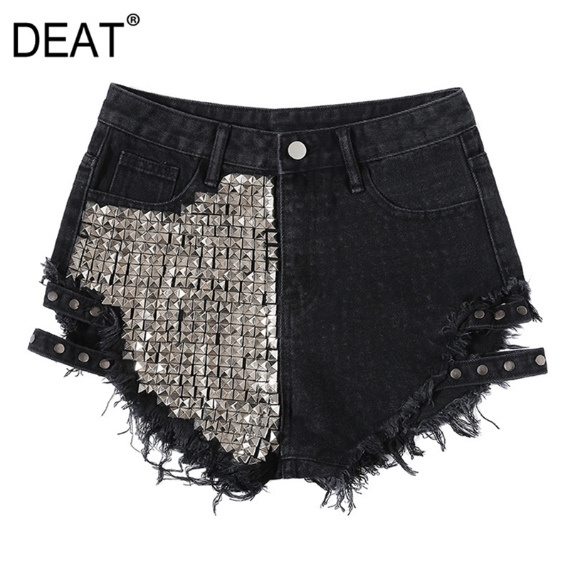 

[DEAT] Summer Fashion Short Pants Solid Color High Waist Distressed Rivet Personality Women Denim Shorts 13C557 220419, Black