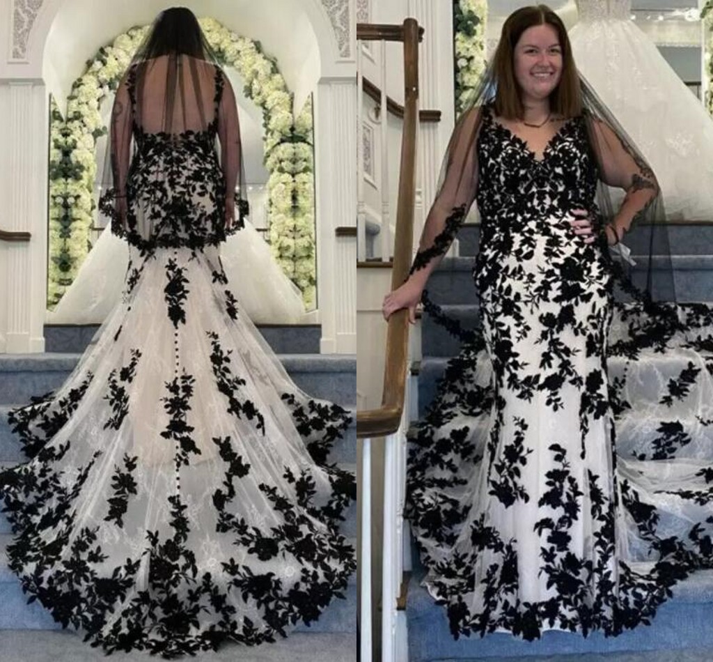 

Mermaid Black and White Gothic Wedding Dresses Sexy V Neck Backless Plus Size Lace Applique Western Country Bridal Gown, Pink