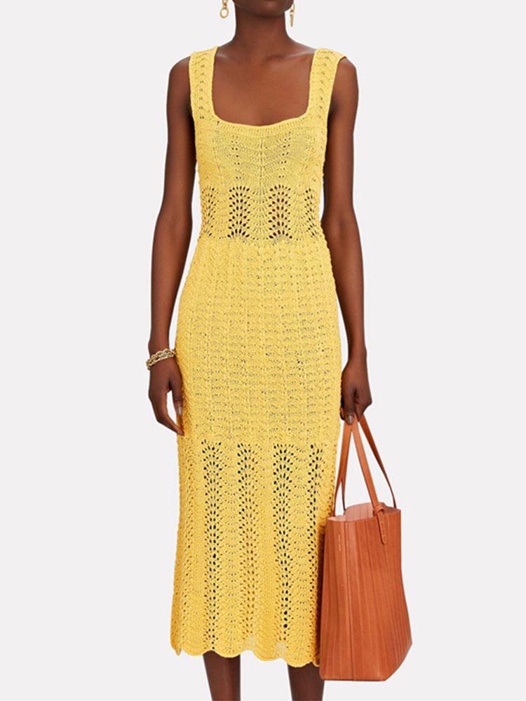 

Women's Swimwear Square Neck Beach Dress Cover Up Crochet Tunic Pareo Praia Salida De Playa Beachwear A1594Women's, Yellow