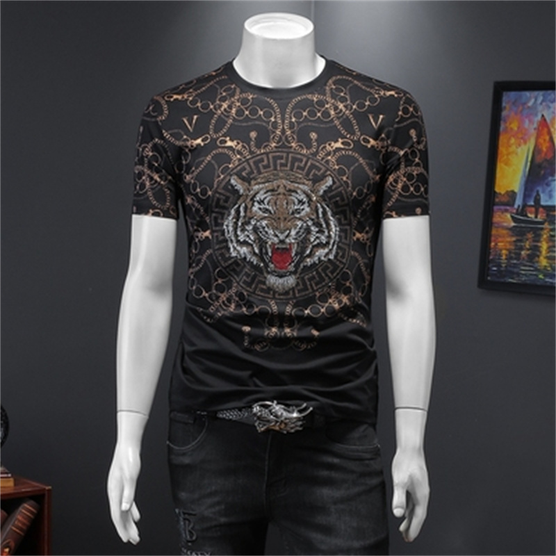 

Tiger head hot drill men's short-sleeved T-shirt round neck new shirt mercerized cotton fashion popular printing bottoming shirt 2022, Black