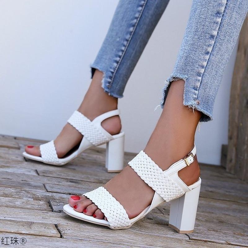 

Sandals Summer Women's Shoes 2022 Open-toe High-heeled Fashion Weave Thick Heels Woman Sandal Zapatos Para Mujer, White