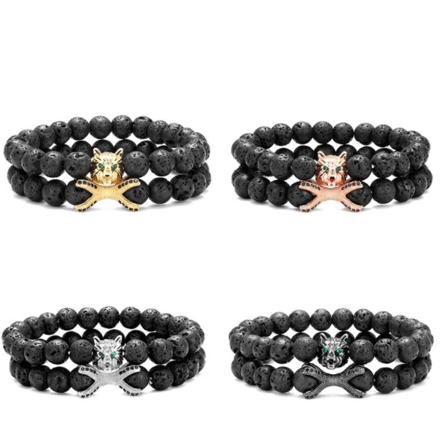 

2pcs/set volcanic stone wolf head black skull 8mm gold silver cz zircon cubic zirconia beads Bracelet agate Onyx Stone Bangles gt7o