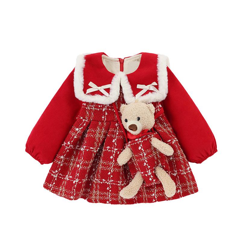 

Girl's Dresses Winter Baby Girls Sweet Thickening Princess Dress A Word Brim Grid Long Sleeve Kids Girl ClothsGirl's, As pic