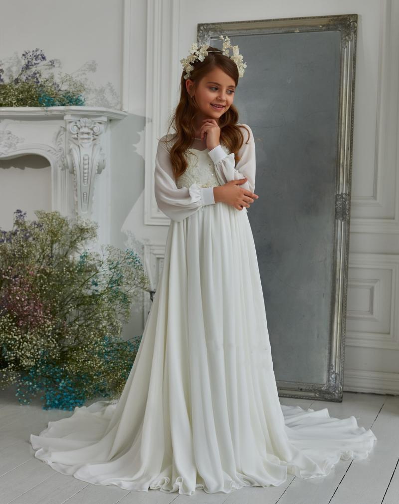 Robes de fille fleur fille robe a-ligne solide dentelle mousseline de soie filles sainte première Communion manches longues Vestido De Comunion