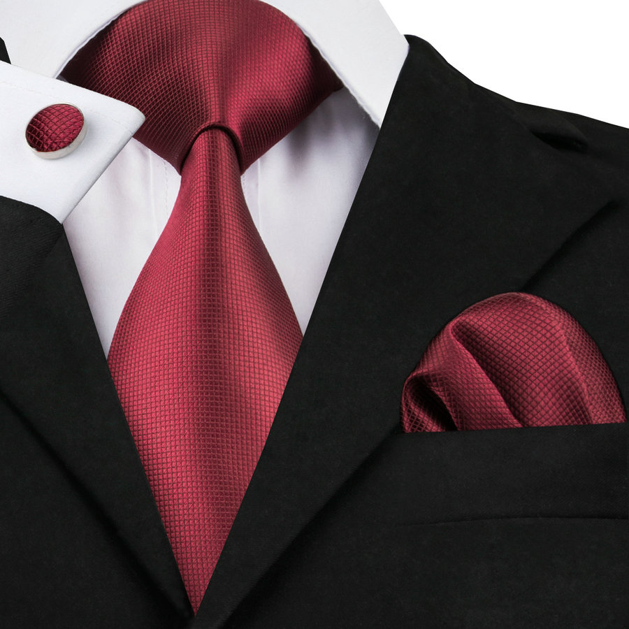 Solid Burgundy Necktie for Men Jacquard Woven Silk Tie Hanky Cufflinks Business Party Formal Meeting 8.5cm Width Necktie N-0430-image-376878817