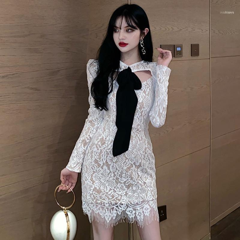 

Spring Fall Korean Sexy Party Dress Women' Clothing Hollow Out Backless Lace Bow Bandage Bodycon Dresses Vestidos De Fiesta Casual, White