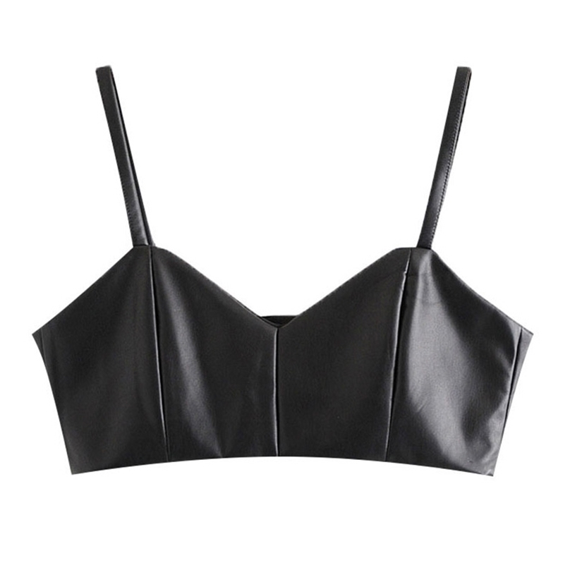 

TRAF Women Sexy Fashion Faux Leather Cropped Tank Top Vintage V Neck Side Zipper Wide Straps Female Camis Chic Tops 220318, As picture