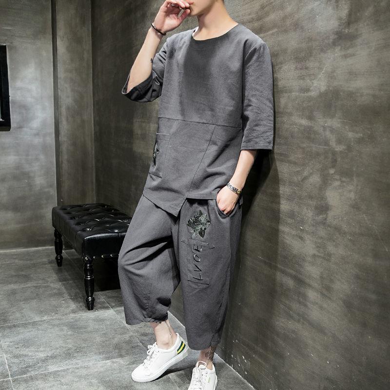 

Men's Tracksuits Chinese Style Cotton And Linen Sets Retro Embroidery Tang Suit Male Casual Loose T-shirt Pants Summer Tracksuit