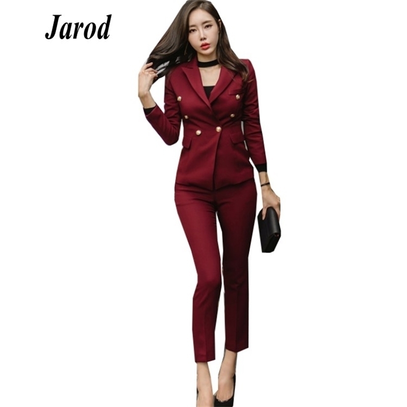 

Autumn Elegant Office Lady Pant Suit Set Women Business Work Wear 2 Piece Blazer coat Slim 210526, Picture color