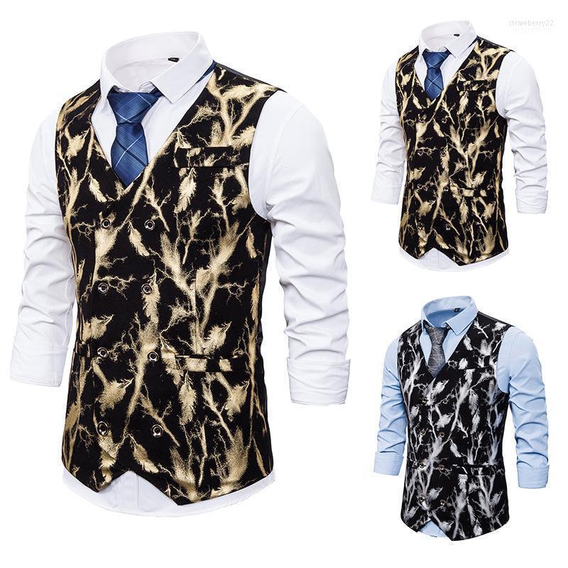 

Men' Vests Fashion Casual Business Fishing Vest Print Dress Double-breasted European And American Sizes XXL Stra22, Gold