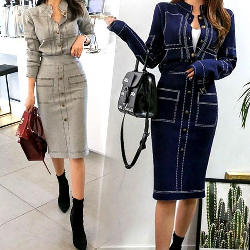 Two Piece Dress Formal Knitting Clothing Set Spring Autumn Women Knit Buckles Tops Cardigans And Slim Skirt OL Party Suit CC071